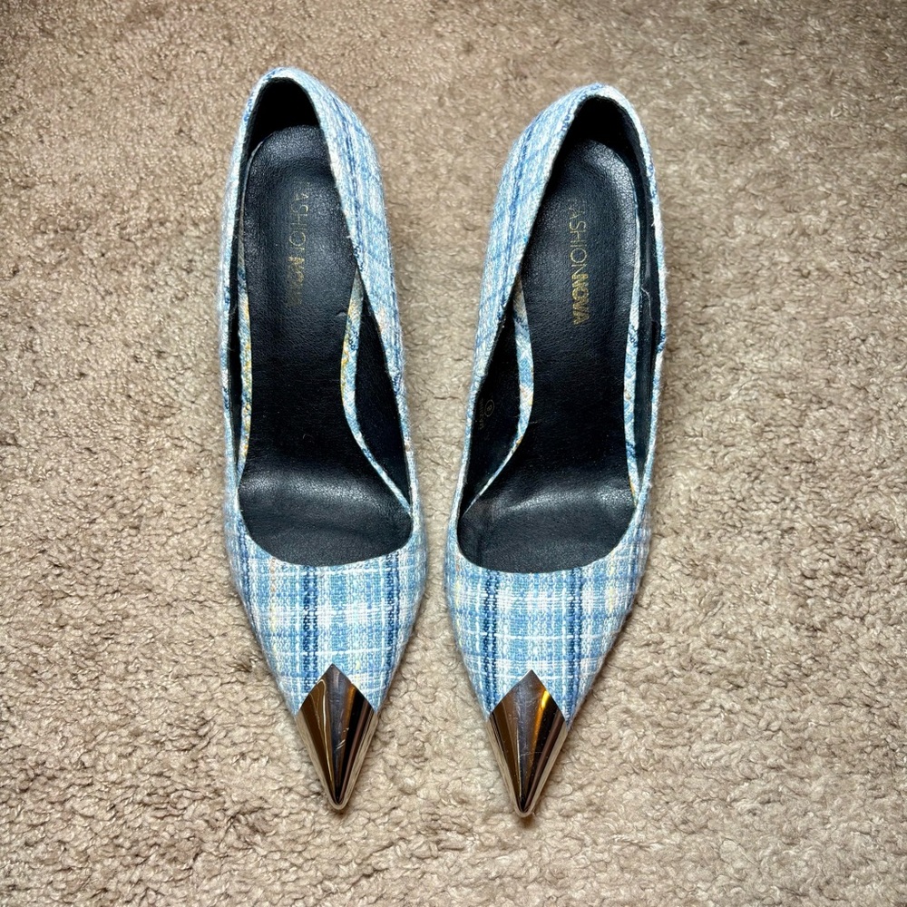 Stylish Blue Plaid Women's Heels with Silver Accents